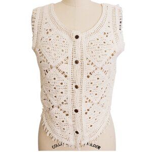 Boho Crochet Button-Down Vest Natural Open Knit Sleeveless 100% Cotton XS/S M/L